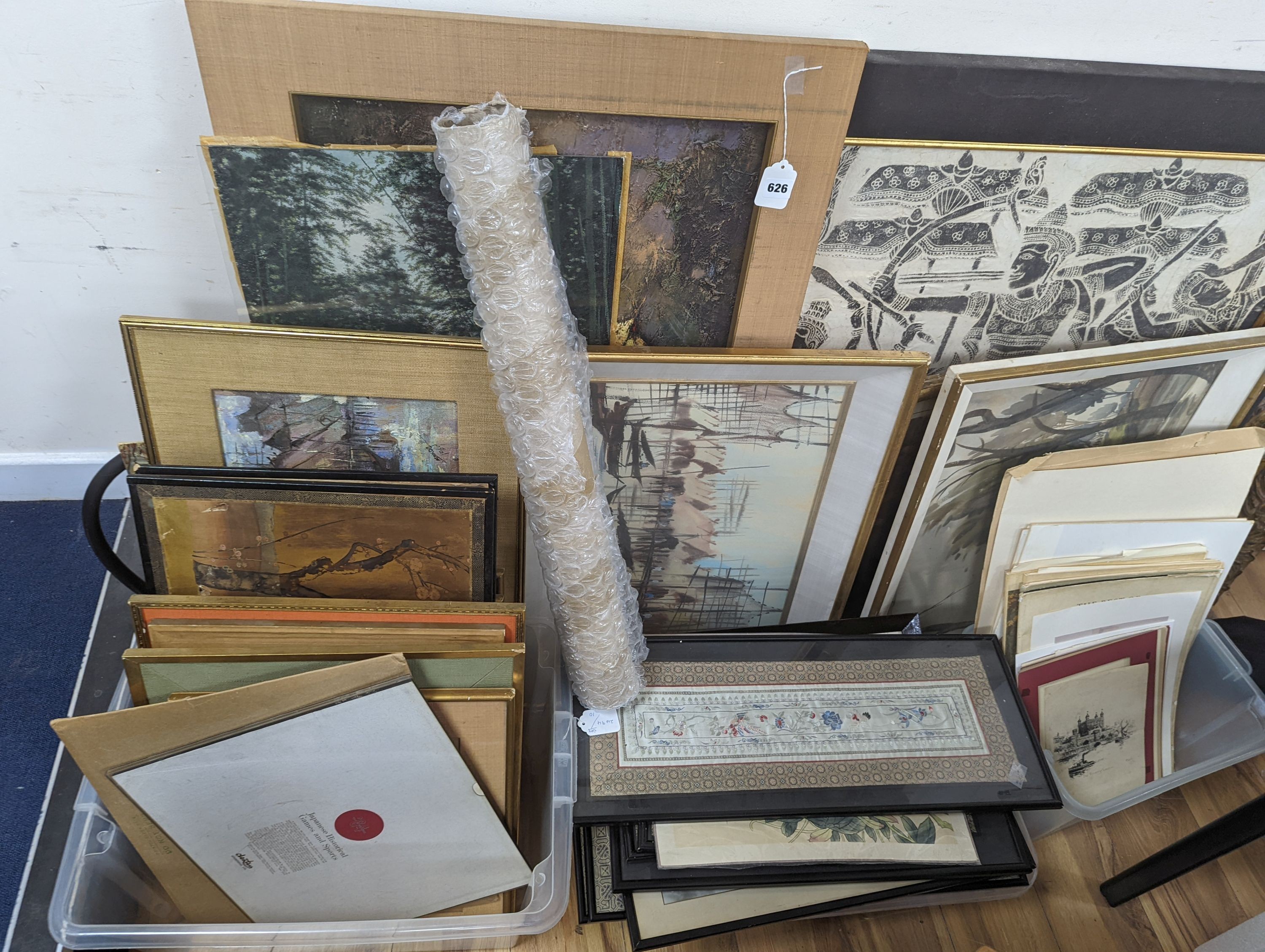 A large collection of assorted 20th century Asian pictures and textile panels